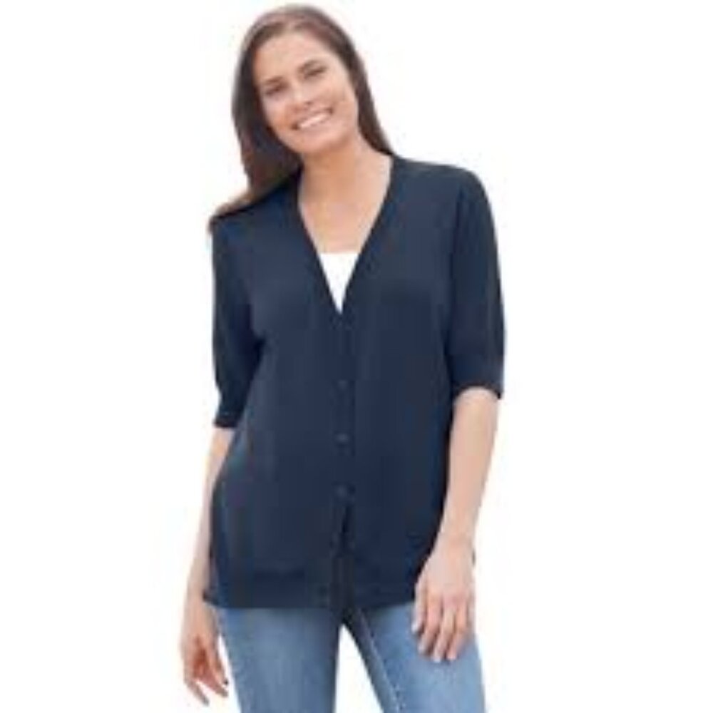 J Jill Linen Blend 3/4 Sleeve Button front Cardigan Sweater Size M in Navy